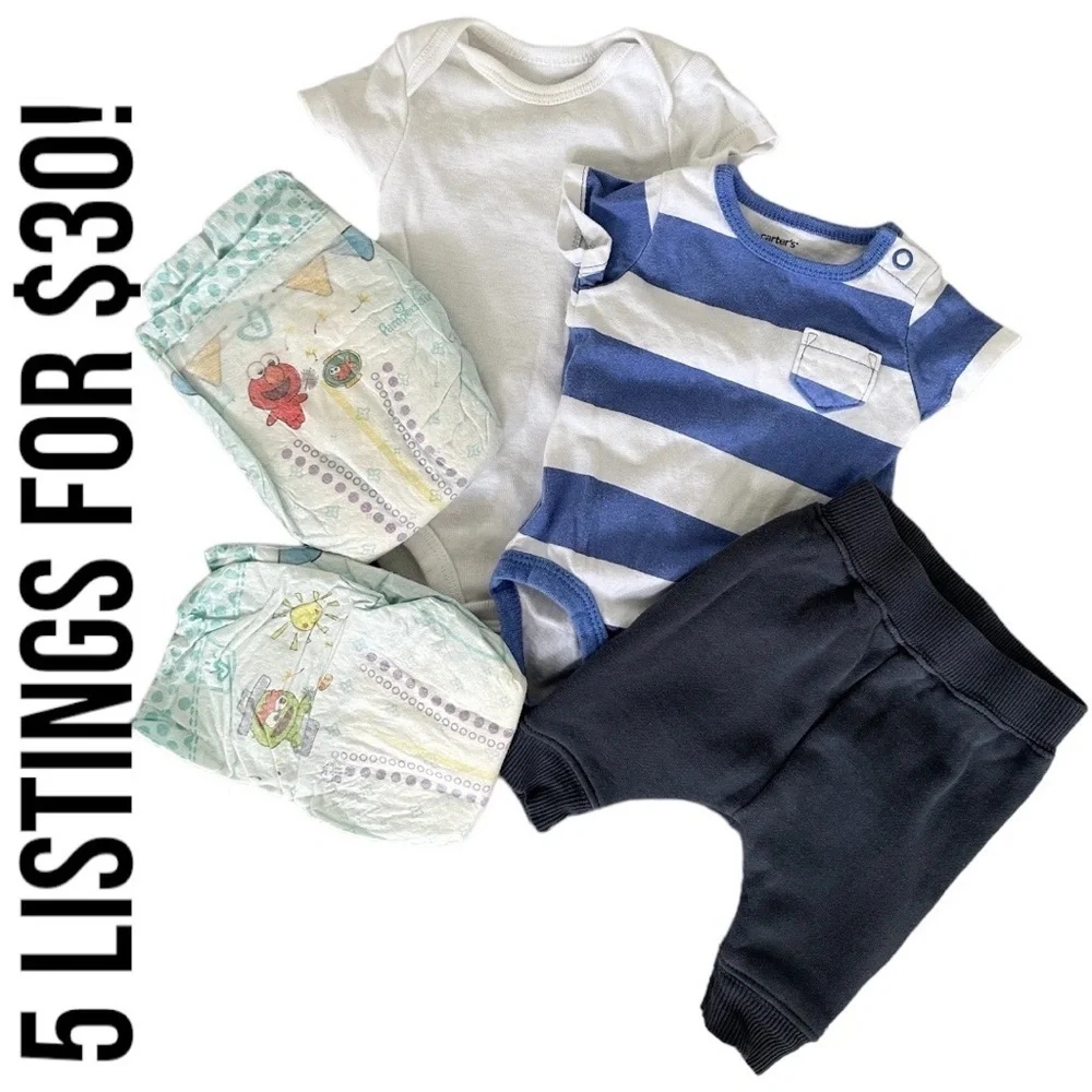 Newborn Carter’s Baby Boy matching outfit set clothes & two pampers diapers